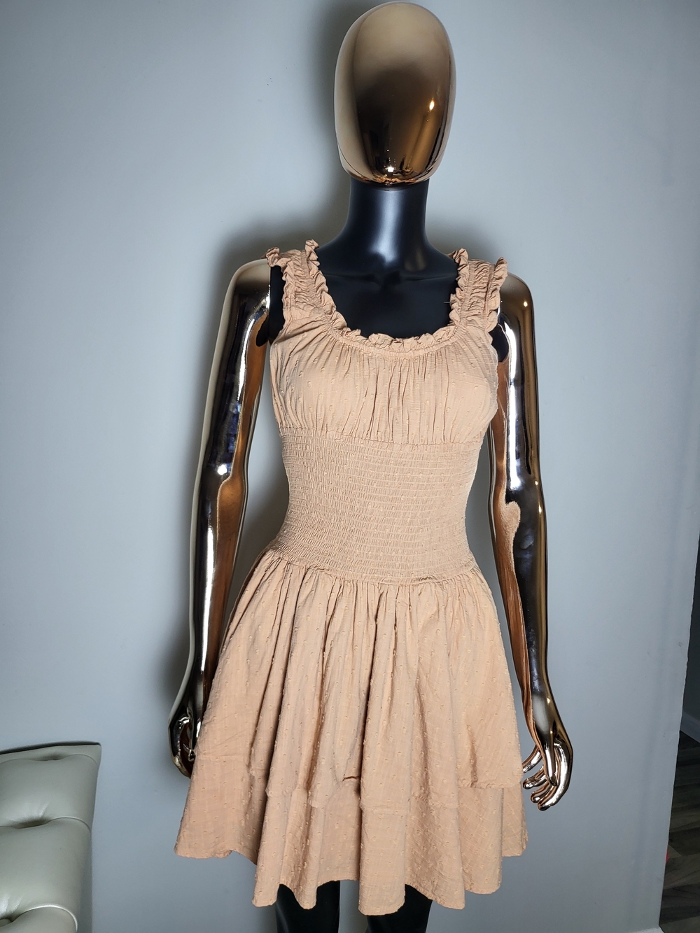 Sleeveless Smocked Tiered Mini Dress in Light Peach